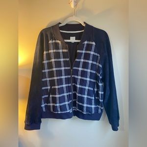 Barely worn. Plaid jacket. Velvet sleeves. Zip up